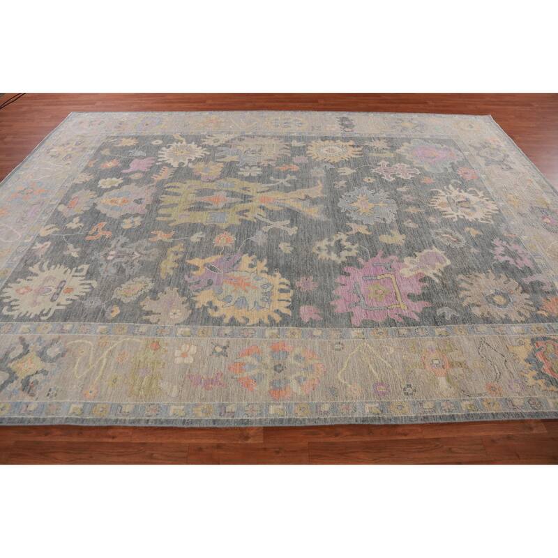 Hand Knotted Oriental 100% Wool Carpet Transitional All-Over Greys & Charcoal Oushak Area Rug - 11' 10'' X 8' 9''
