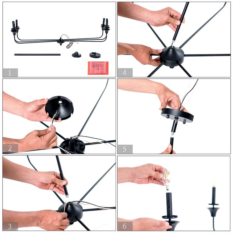 Oriea Mid-Century Modern Black 6-Light Chandelier Wheel Candle Light - D48.8" x H13.4"