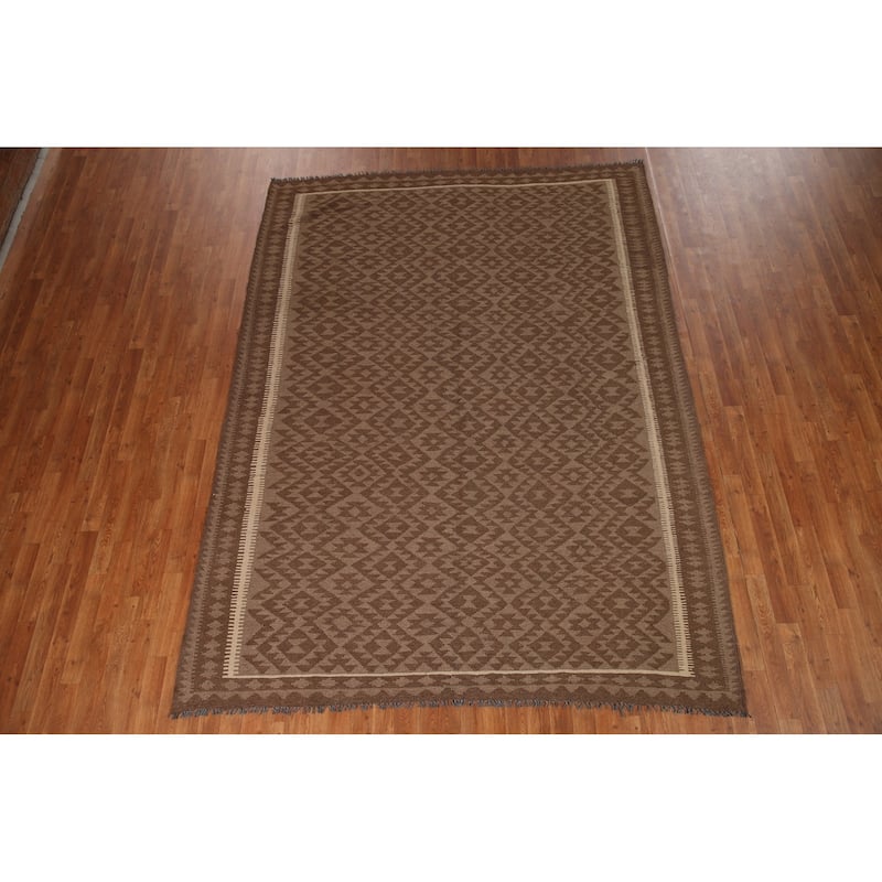 Brown Geometric Kilim Oriental Area Rug Hand-woven Wool Carpet - 7'3" x 9'9"