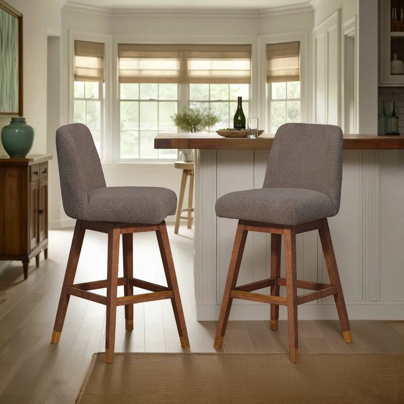 Amalie Upholstered Bar Stool, Swivel Counter Chair with Solid Wood Frame - Set of 2 - Taupe Boucle - Bar Height