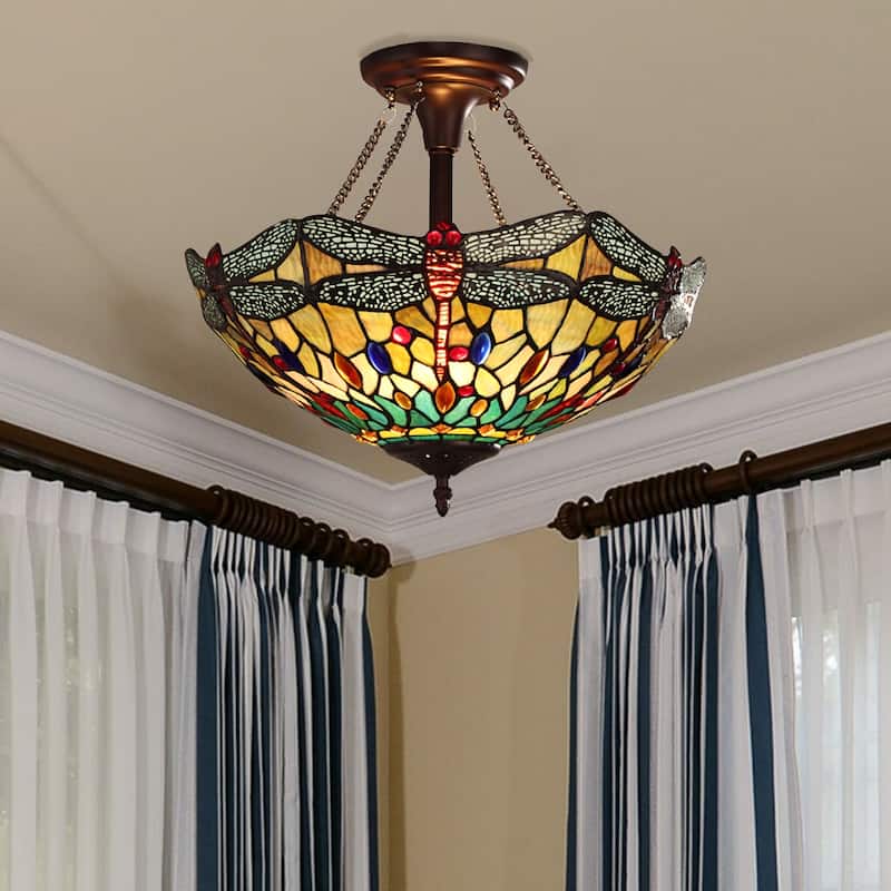 Tiffany-Style Dragonfly Design 2-light Dark Bronze Semi-Flush Mount