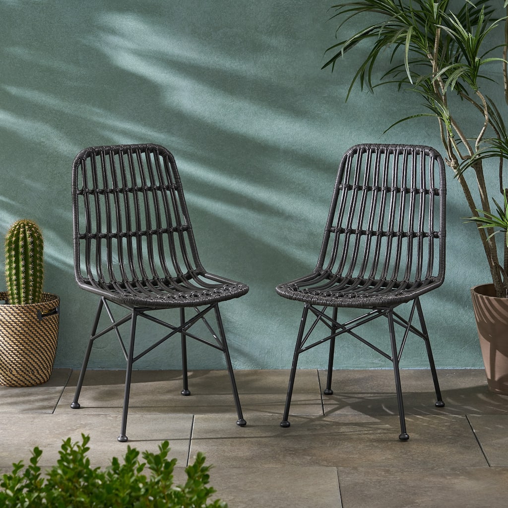 Roomfitters Wicker Armless Outdoor Dining Chairs Set of 2, Weather-Resistant Patio Seating with Metal Legs, Grey