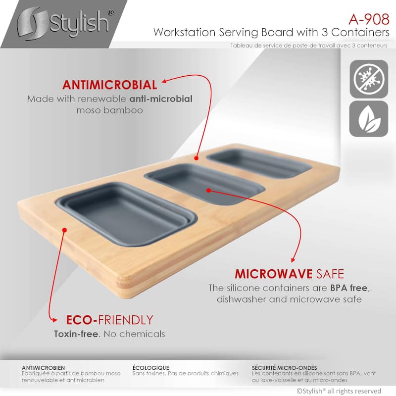STYLISH 18 inch Over the Sink Divided Serving Board with 3 Collapsible Containers - 16.75" x 8.5"