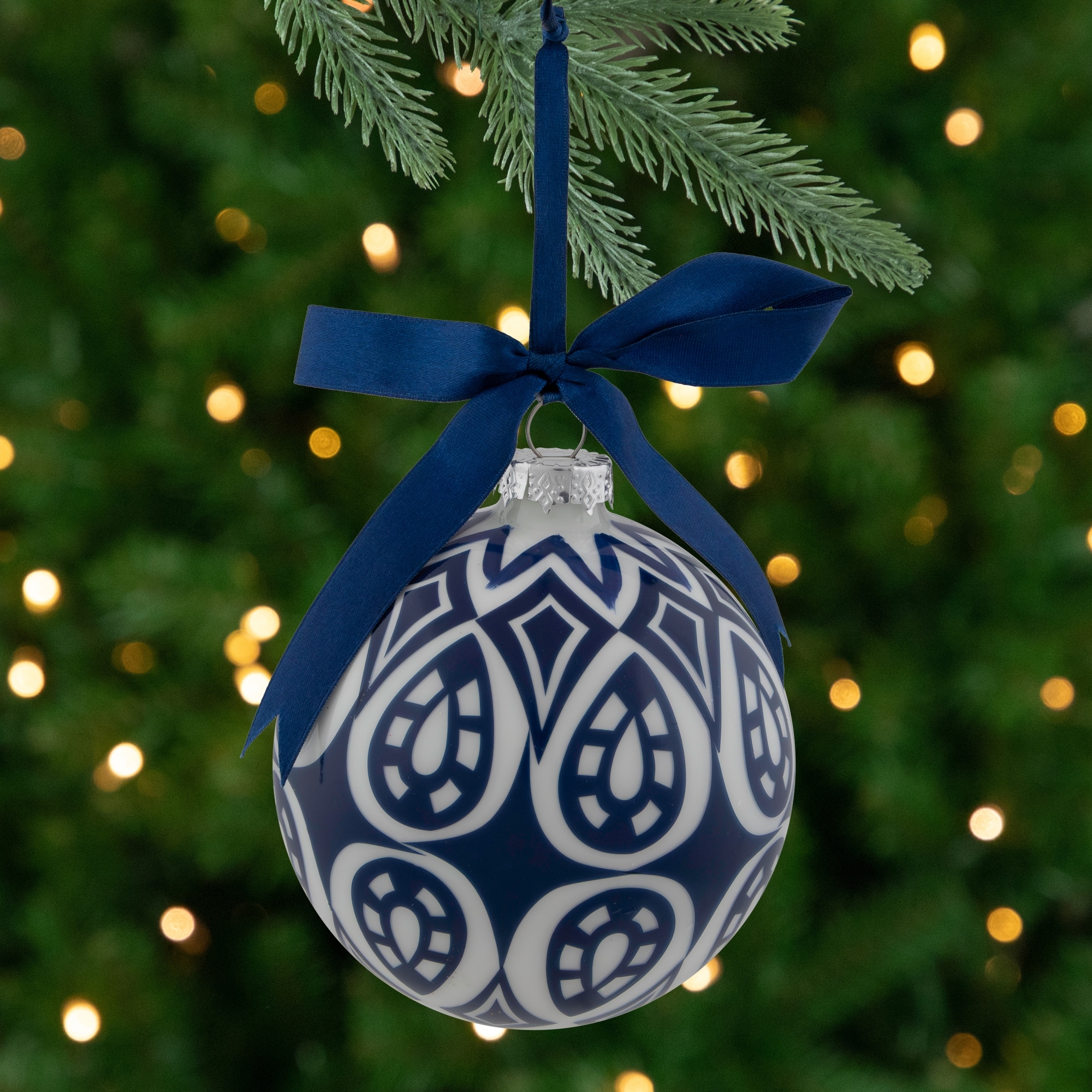Mosaic Glass Christmas Ball Ornament - 4" - White and Blue