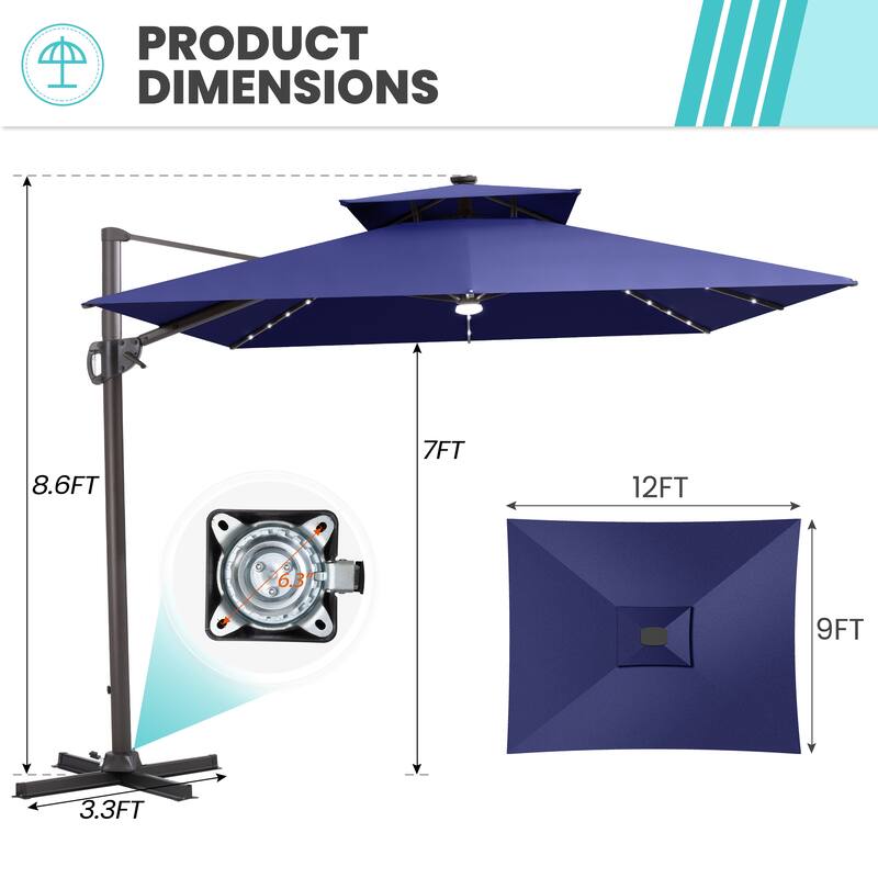 11 FT Square Outdoor Premium Double Top Solar Powered LED Patio Cantilever Umbrella