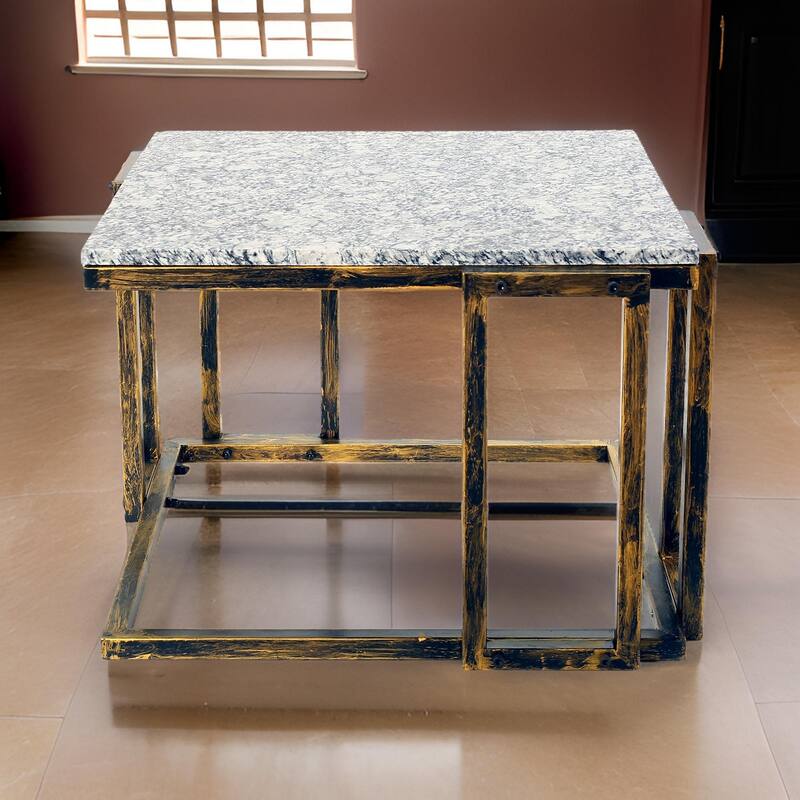 22 Inch Granite Top Plant Stand, Cast Iron Frame, Gray, Black, Gold