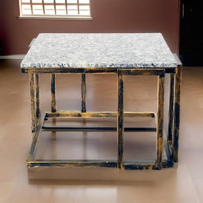 22 Inch Granite Top Plant Stand, Cast Iron Frame, Gray, Black, Gold
