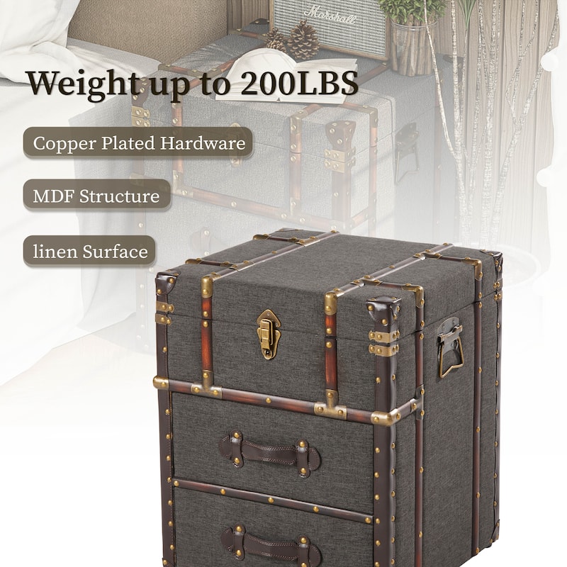 COZAYH Vintage Nightstand with Buckle Hinged Top, Linen Accent End Side Table for Living Room, Rectangle, Grey