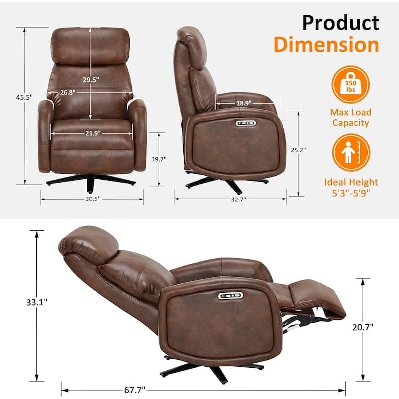 MCombo Dual Motor Power Recliner Chair for Adults, Modern Faux Leather Electric Swivel Recliner with USB Charging