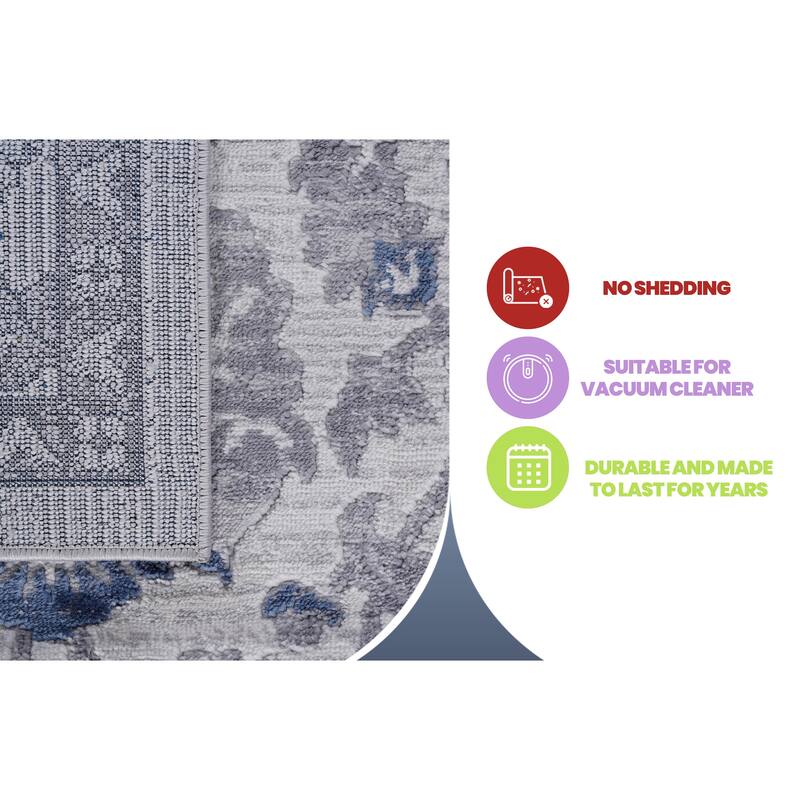 LOOM & LUXE Blue/Silver Collection Oriental Non-Shedding Area Rug