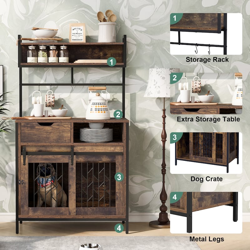 Rustic 2-in-1 Dog Crate & Side Cabinet Organizer: Hutch-Style Kitchen Storage with Kennel, Cupboard, and Drawers‌