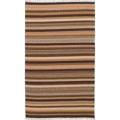 ECARPETGALLERY Flat-weave Ankara Brown, Ivory Wool Kilim - 4'11 x 8'1