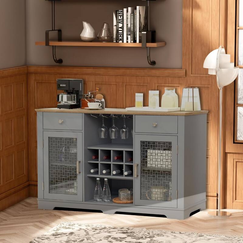 Roomfitters Modern Farmhouse Buffet Cabinet, Sideboard with 2 Drawers, Glass Door Cabinets, Wine and Glass Rack, Coffee Bar