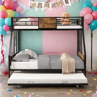 Twin Over Full Metal Bunk Bed With Trundle 2 Side Ladder and Full-Length Guardrail For Bedroom