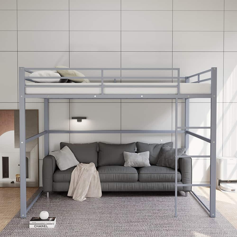 Metal Loft Bed Full with Guardrails, Flat Ladder, Kids, Teens, Adults