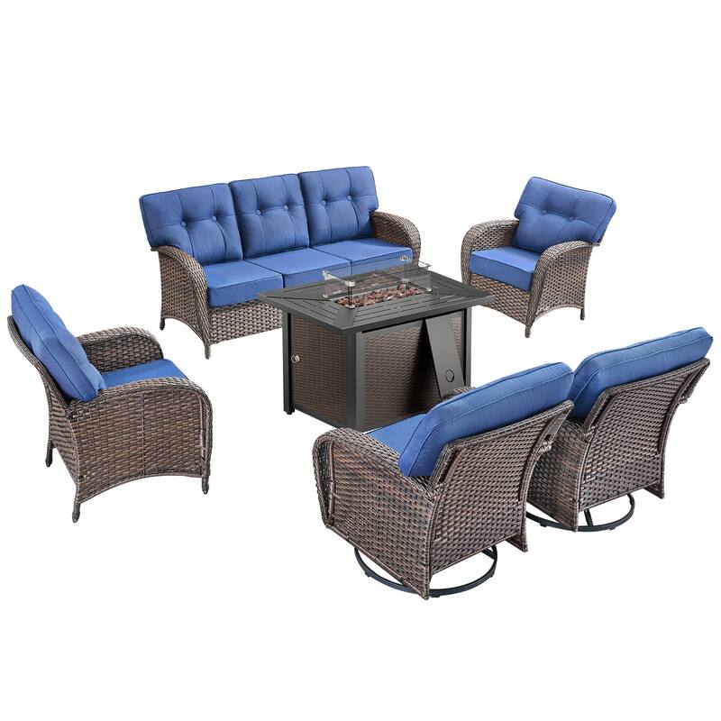 Pocassy Outdoor 43 In Fire Table with Sofa Swivel Patio Chair Set