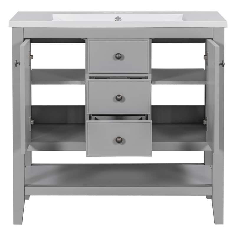 36" Bathroom Vanity with/without Sink, Bathroom Vanity Cabinet with 2 Cabinets and Drawers, Open Shelf, Solid Wood Frame
