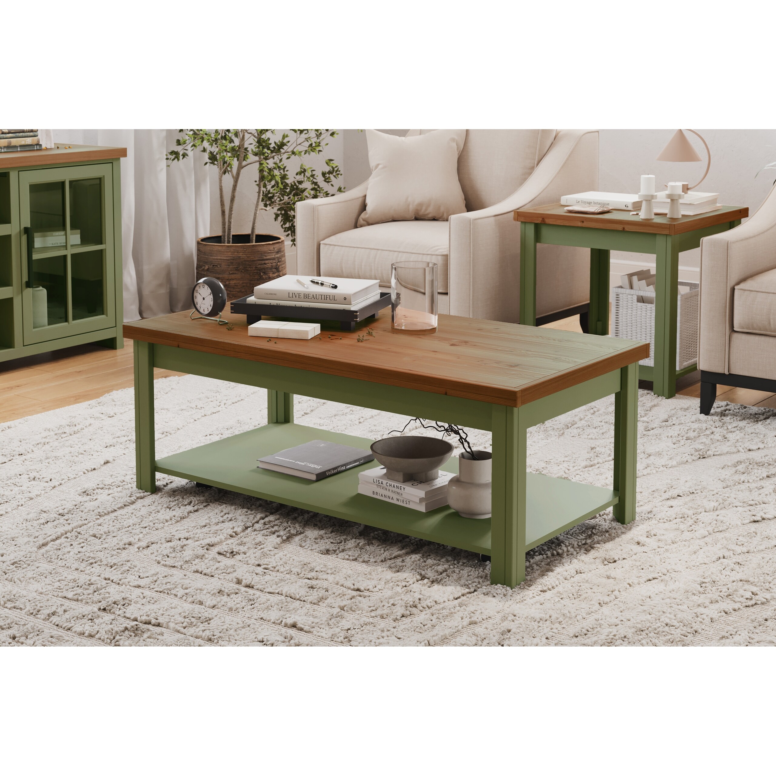 Vineyard 48 inch Coffee Table, No Assembly Required, Sage Green
