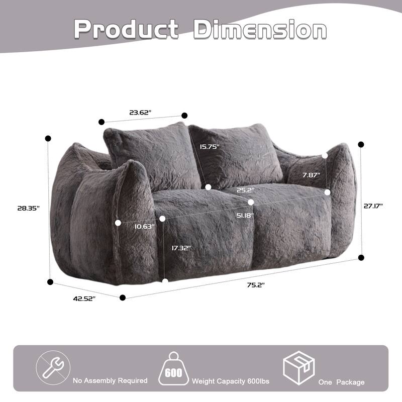 Oversized Bean Bag Sofa Reading Chair, 2-Seater Giant Bean Bag Couch with Pillows, Loveseat Chaise Lounge Sofa Chair