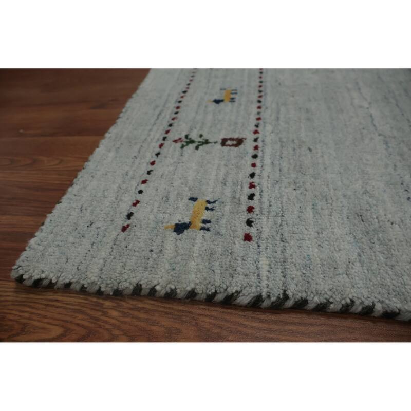 Hand Knotted Oriental 100% Wool Carpet Tribal Animal Pictorial Navy Blue & Blues Gabbeh Runner Rug - 9' 7'' X 2' 4''