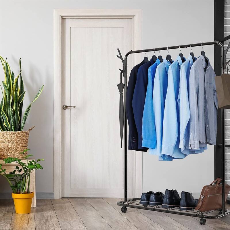 Industrial Style Garment Rack With Wheels And Hooks, Black - 17"D x 50.4"W x 64.5"H