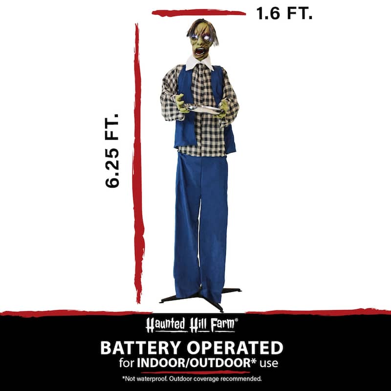 Haunted Hill Farm 6.25-ft. Zombie Waiter, Indoor/Covered Outdoor Halloween Decoration, LED Purple Eyes, Poseable, Timmy