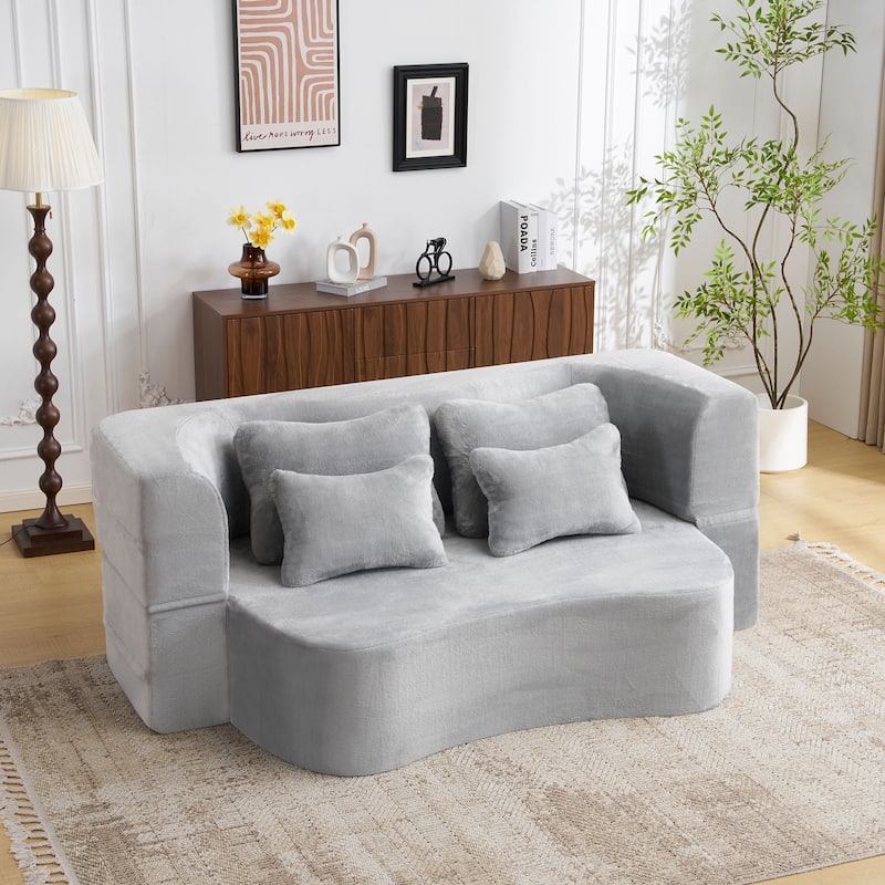 Queen Size Modern Sofa With 4 Pillows,Plush Fabric Futon Sofa Couch,High-Density Foam Folding Mattress,No Assembly Required