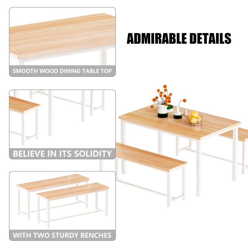 Dining Table Set with Two Benches, Kitchen Table Set for 4 Persons