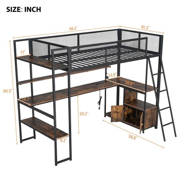dimension image slide 1 of 2, Twin Size Loft Bed with LED Light and Built-in Work Station, Metal Loft Bedframe w/ Storage Cabinet, Shelves & Charging Station
