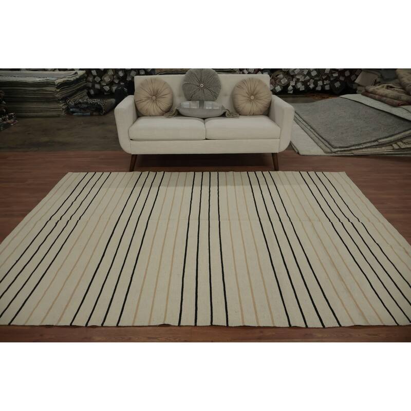 Hand Woven Oriental 100% Wool Carpet Southwestern Geometric Beige & Ivories Kilim Area Rug - 8' 9'' X 6' 5''