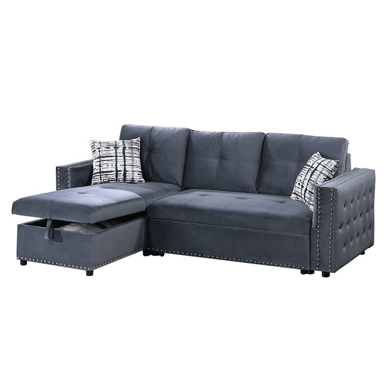 Velvet Upholstered Convertible Sectional with Nailhead Trim - Gray