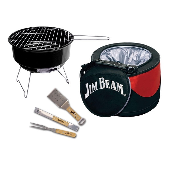 Jim Beam Portable 5 Piece Grilling Set Includes Mini Charcoal Grill 3 Grilling Tools and a Cooler Bag