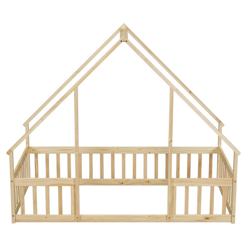 Natural Twin Size Pine House-Shaped Floor Bed with Roof & Guardrails