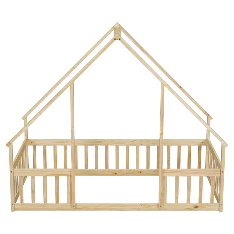 Pine Wood House-Shaped Floor Bed with Guardrails