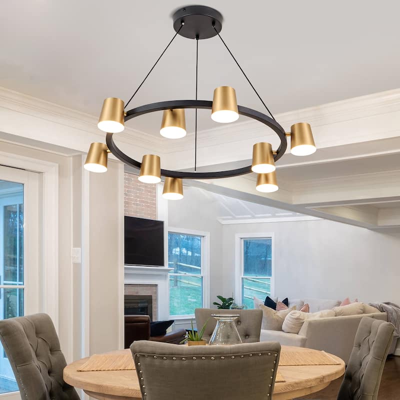 9-Light Wagon Wheel Chandelier Black and Gold Chandelier - N/A