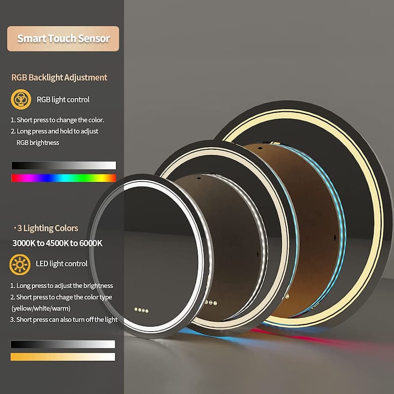 Fogless Round LED Bathroom Vanity Mirror with RGB Backlit, Front Lighted
