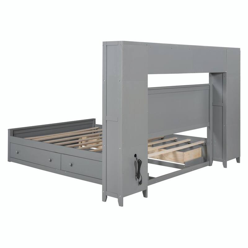 Wooden Bed with Built-in Cabinet, Shelf, and Sockets