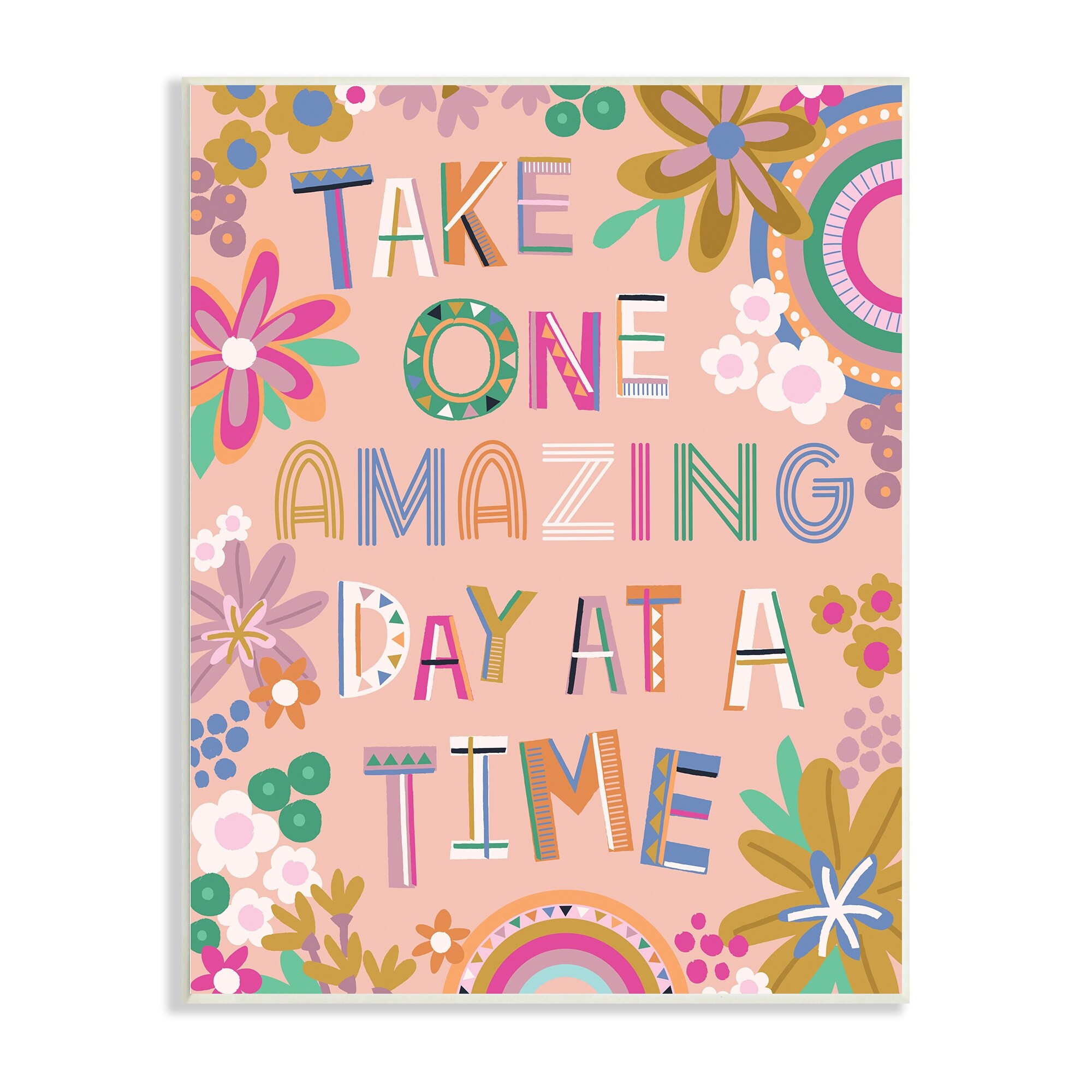 Stupell Motivational One Amazing Day Kids Flower Rainbow Wood Wall Art