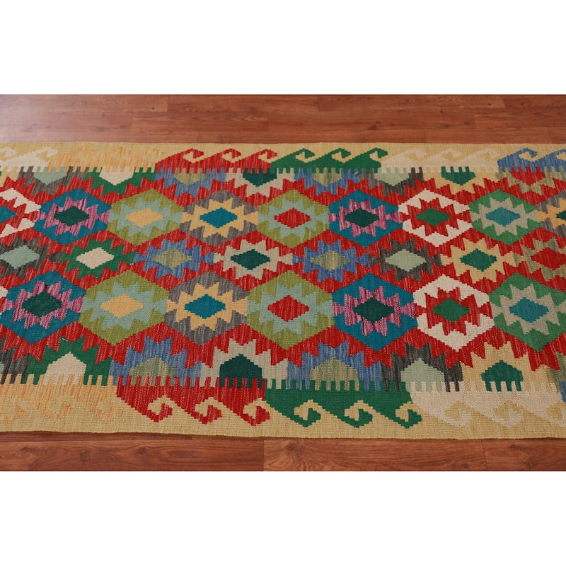 Hand Woven Oriental 100% Wool Carpet Southwestern Geometric Multi-Colored Kilim Runner Rug - 12' 11'' X 2' 9''