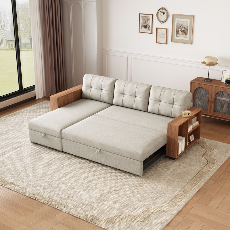 Reversible L-shaped Sectional Sofa with Chaise, Pull-out Sleeper Bed, Wooden Handrail Storage Shelves and Movable Back Cushions