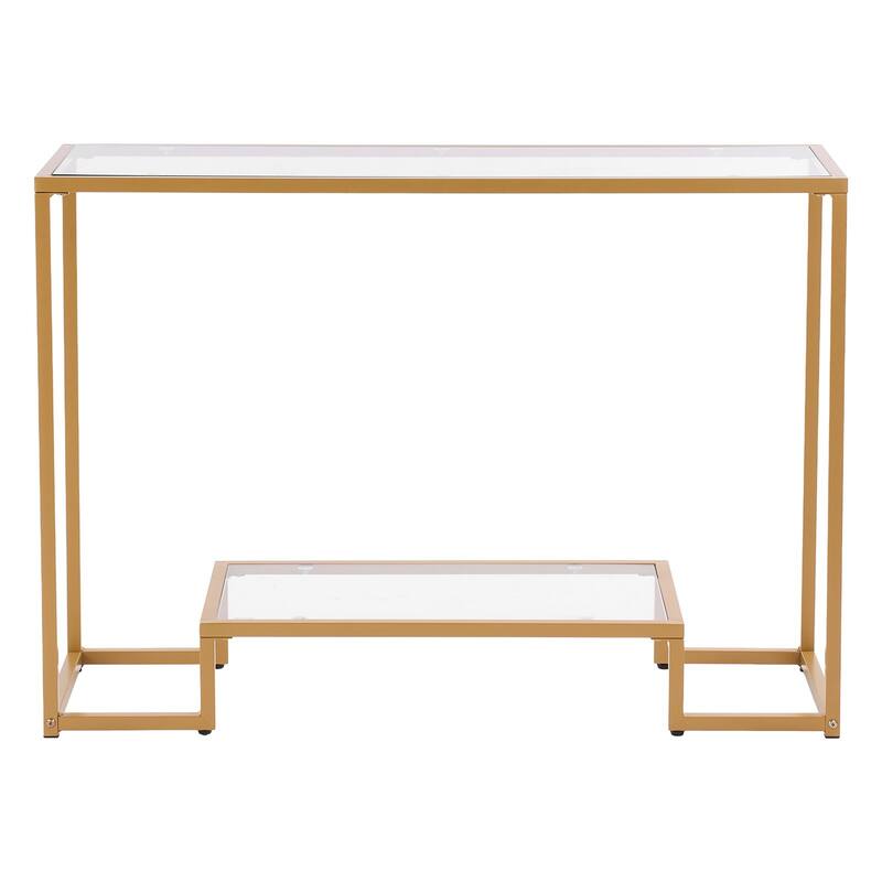 2-Tier Glass Console Table with Iron Legs for Living Room and Entryway - 42.1 x 14 x 29.7 in