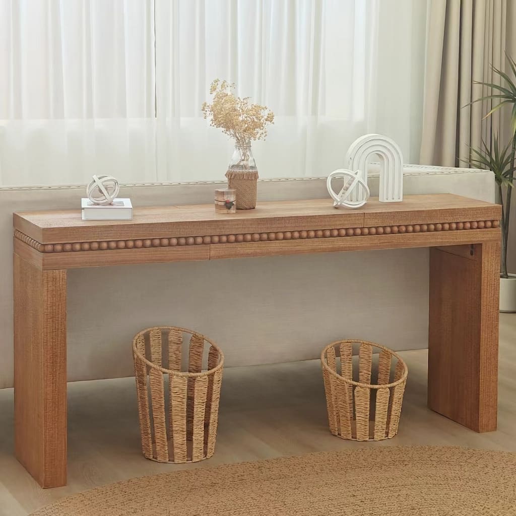 Rustic Wood Console Table - Elegant Entryway Table with Decorative Beaded Trim