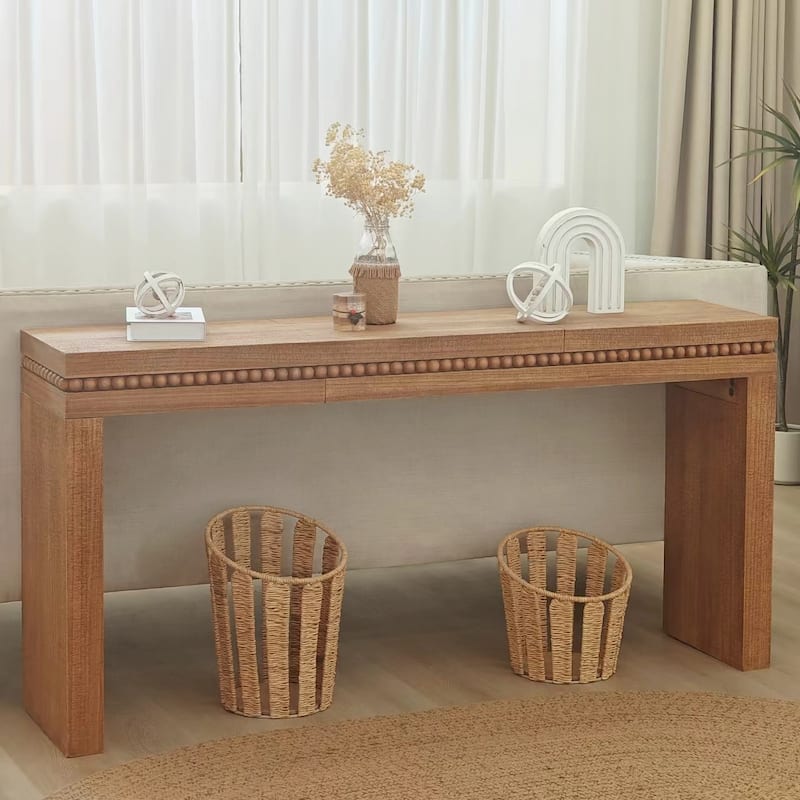 Rustic Wood Console Table - Elegant Entryway Table with Decorative Beaded Trim