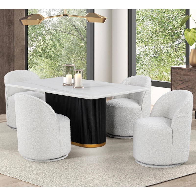 Furniture of America Torin Modern 5-Piece White Marble Top Dining Table Set with Swivel Chairs - Black & White