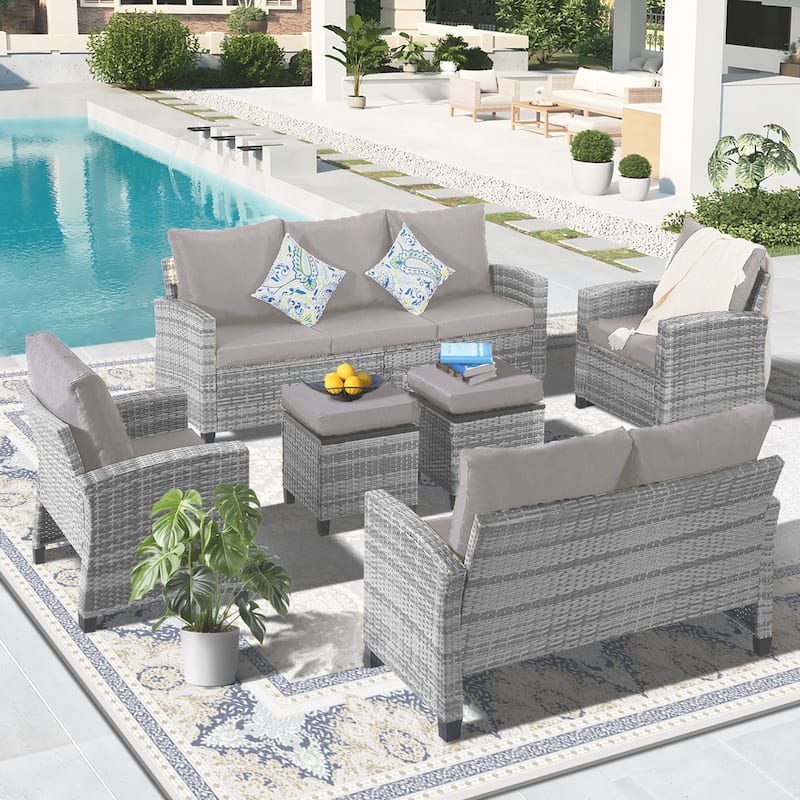 6pcs Wicker Patio Conversation Set Seating Loveseat Sofa with Ottomans - Gray/Gray