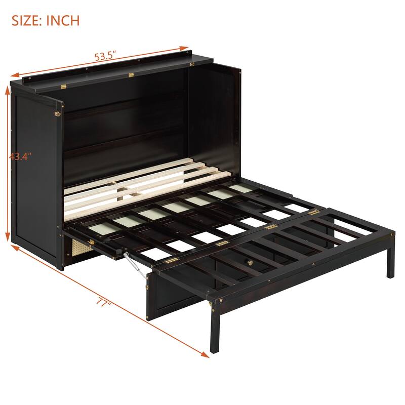 Rattan Weaving Accents Murphy Bed Full Size Foldable Wall Cabinet Bed with Underbed Storage Drawers and Golden Handles