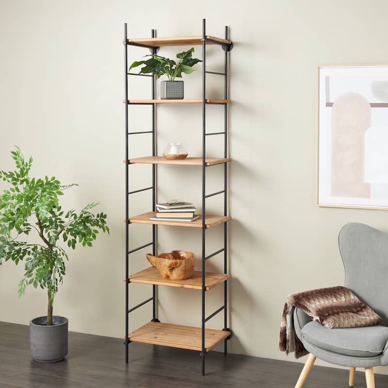 Wood Rectangular 6 Level Shelving Unit with Black Metal Ladder Frames - Brown - Roche River Decor
