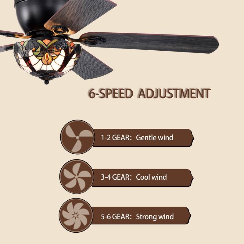 Apgrie 52-Inch Flushmount Lighted Ceiling Fan Warm Tones Tiffany Glass Lamp Black Finish