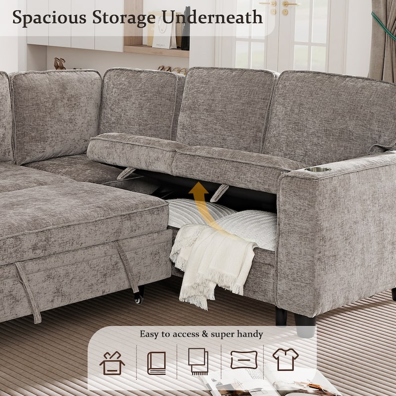 81" Chenille L-Shaped Sofa Bed with Pull-Out Mattress, Storage and USB Charging, 5-Seater
