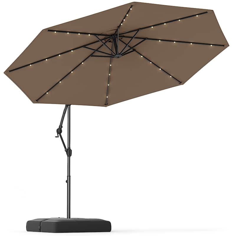 Large 10 Feet Patio Offset Umbrella with Stable Crossed Base and Solar LED Lights for Outdoor - Taupe